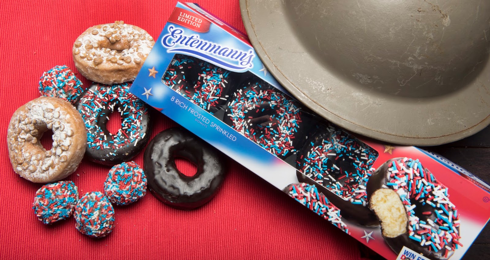 Entenmann's New Rich Frosted Patriotic Donut 8 pack Prodcut, Packaging & Helmet Shot